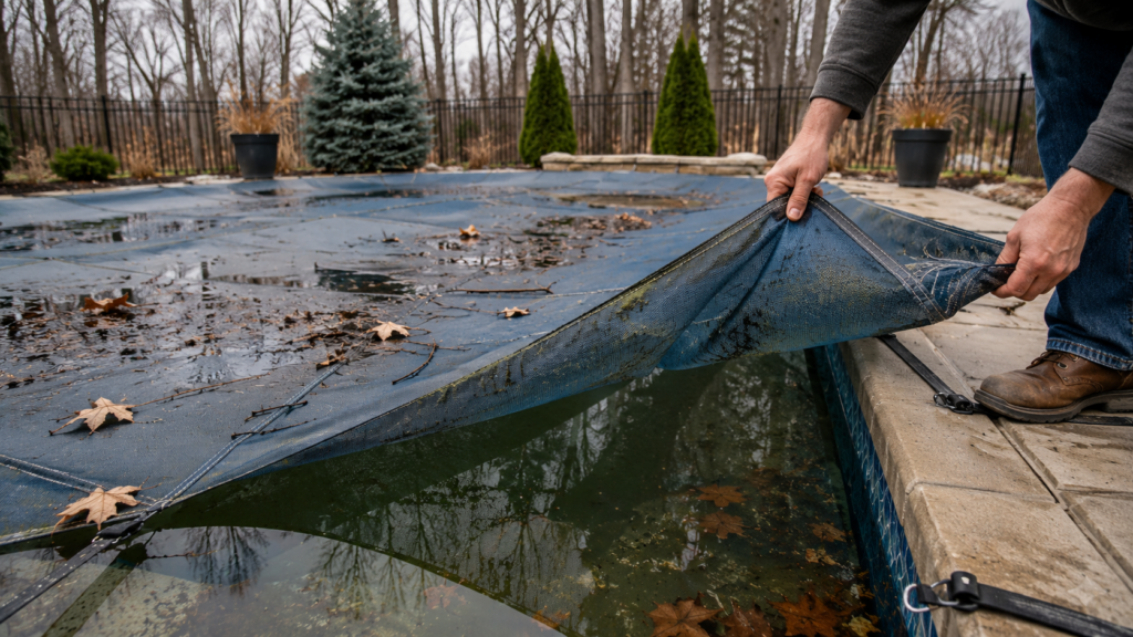 Homeowner removing a debris-covered safety cover from an inground pool during early spring pool opening and maintenance.