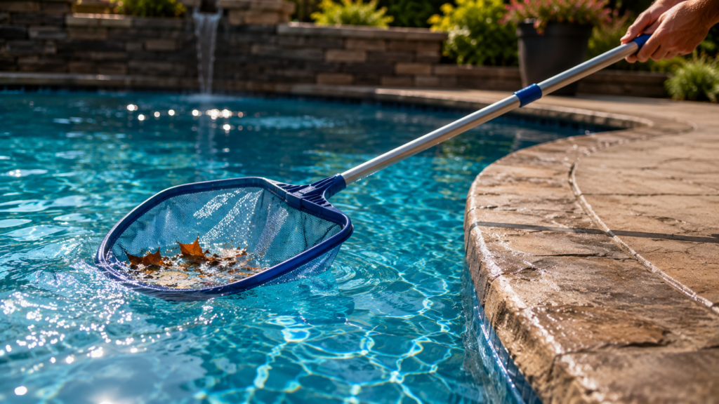 Pool skimmer net removing leaves from clear blue water beside a stamped concrete deck during summer seasonal pool maintenance.