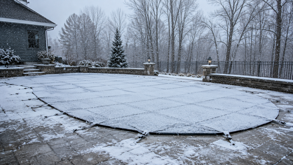 Snow-covered pool safety cover in a Western New York backyard during winter seasonal pool maintenance.