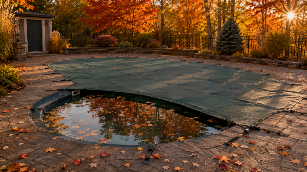 Inground pool partially covered by a winter safety cover with fallen autumn leaves across the deck and exposed water.